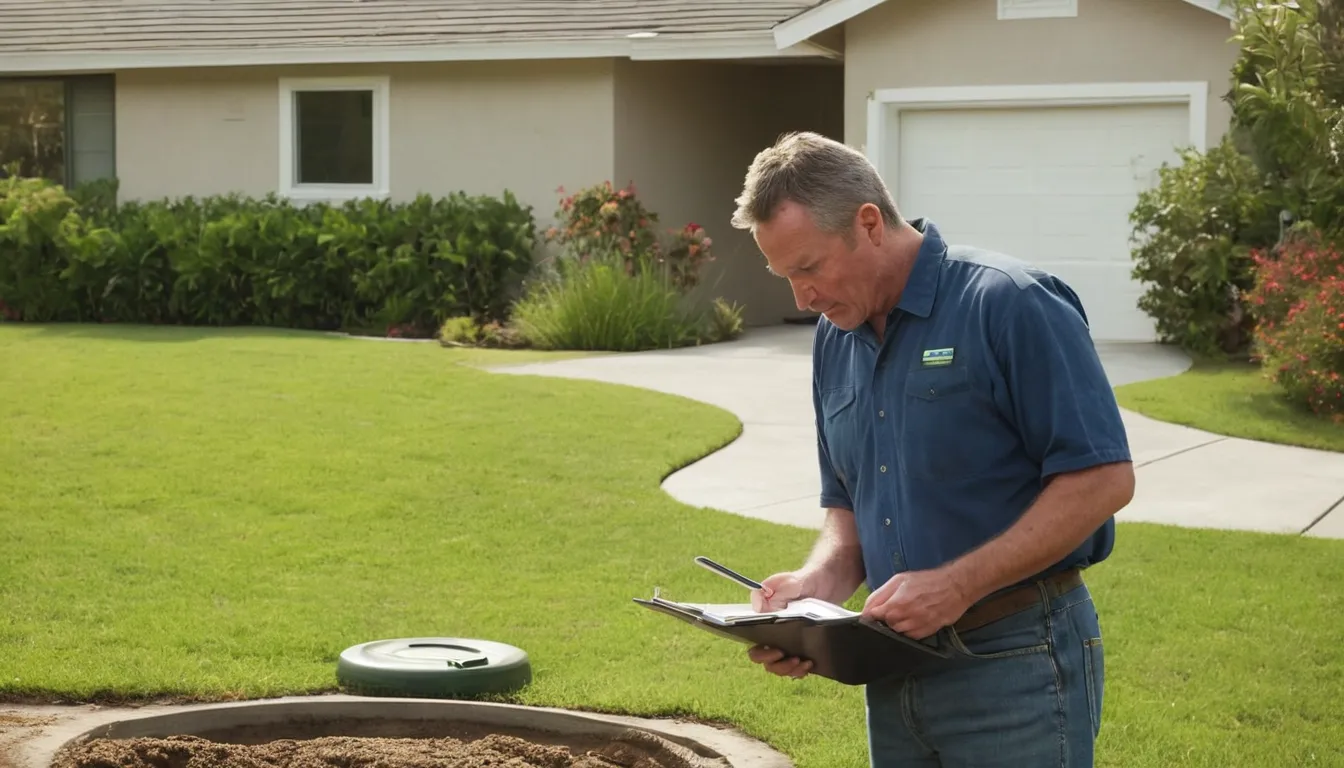 Homeowner in Danville talking with a septic provider beside a tank access lid in a sunny yard