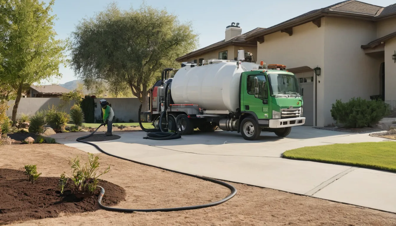 Provider pumping a residential septic tank beside a stucco ranch home in Danville
