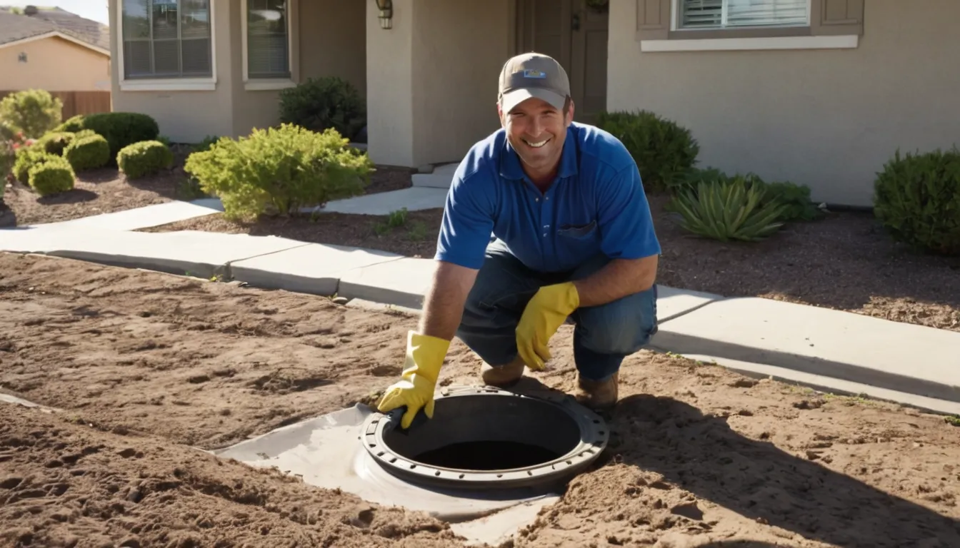 Provider inspecting a sewer cleanout in a front yard of a stucco ranch home in Danville